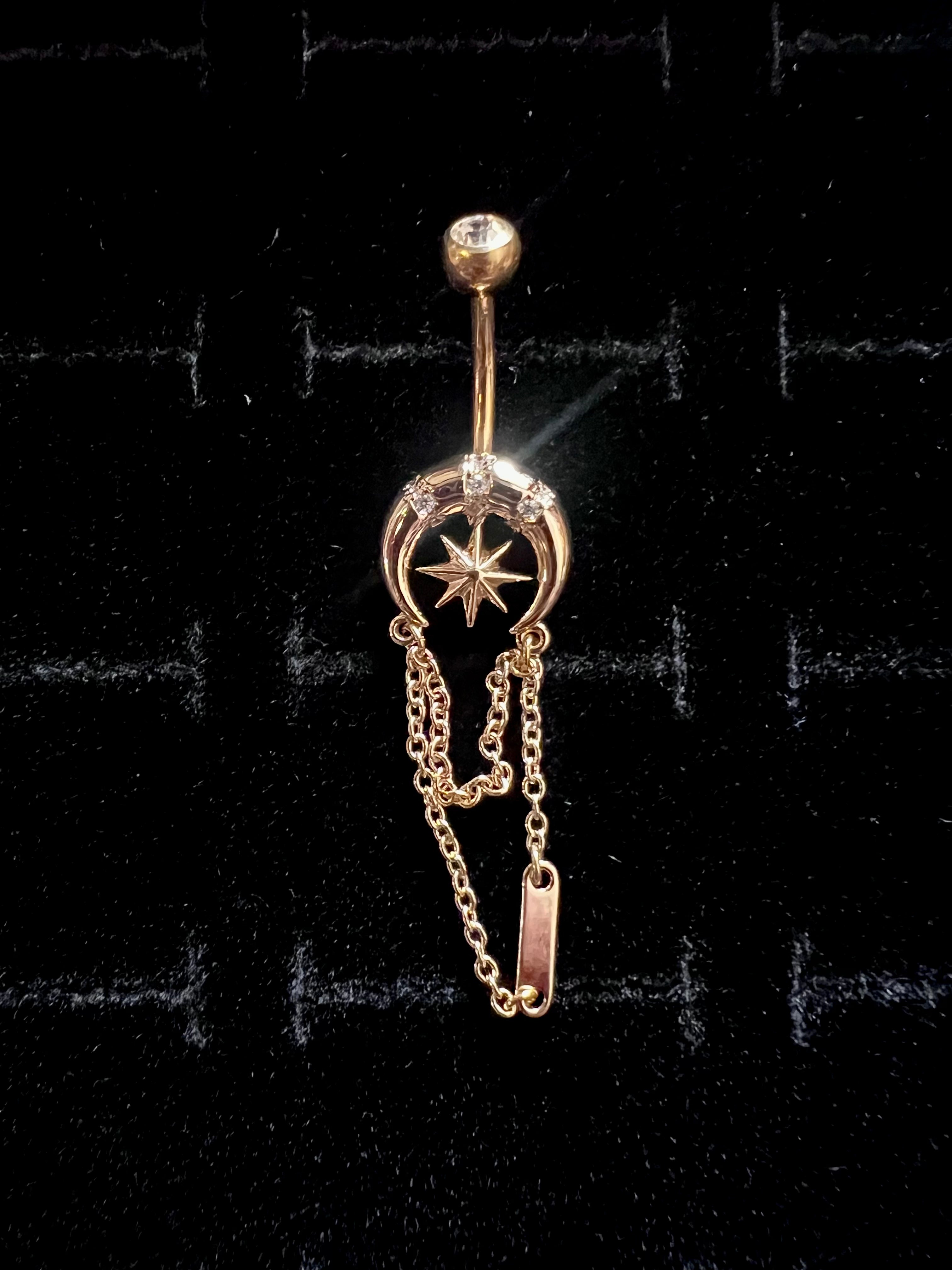 Chained Star Crescent Moon Belly Button Ring